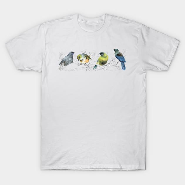 Mr Kokako, Mr Tui, Mr Sylvereye, Mr bellbird on a branch T-Shirt by EmilieGeant